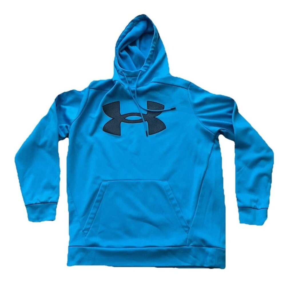 Under Armour Men's Medium Hoodie Fleece Lined Blue Pullover Big Logo